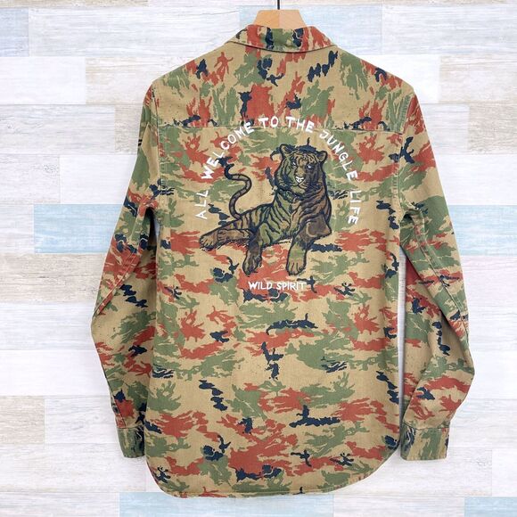 Zara Man Camo Denim Shirt Brown Embroidered Tiger Relaxed Fit Casual Mens Small - Picture 3 of 11